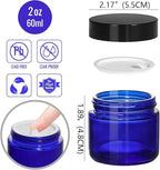 24 Pack 2 oz Round Blue Glass Cosmetic Jars with Inner Liners and Black Lids, Travel Jars, Refillable Containers for Makeup, Cream, Lotion, Sugar Scrubs, Eye Shadow, Slime, Paint, Jewelry