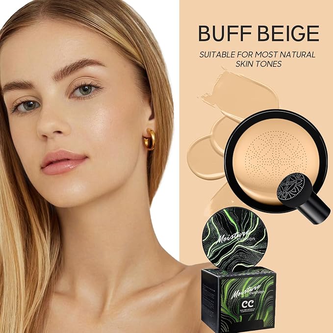 Mushroom Head Air Cushion CC Cream - Tattoo Cover up BB Cream Foundation Makeup Moisturizing Concealer Long-Lasting, Cushion Foundation Full Coverage Self Adjusting for All Skin Types (Buff Beige)