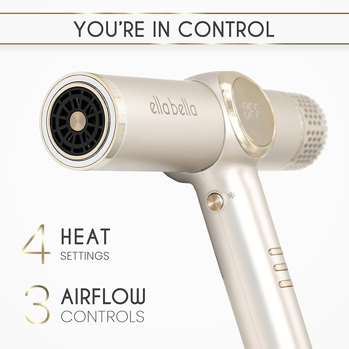 ELLA BELLA® Professional Ionic Hair Dryer with Diffuser • Negative Ion Blow Dryer • Suitable All Hair Types • Intelligent Heat Control & Rapid Drying Speeds • Lightweight Design • Low Noise Technology