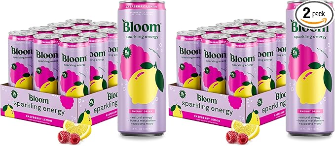 Bloom Nutrition Sparkling Energy Drink for Focus, Natural Caffeine, Zero Sugar, 180mg Caffeine, Antioxidant-Rich with Green Coffee Bean, Green Tea Extract, & Prebiotics, Raspberry Lemon 12oz 24 Pack
