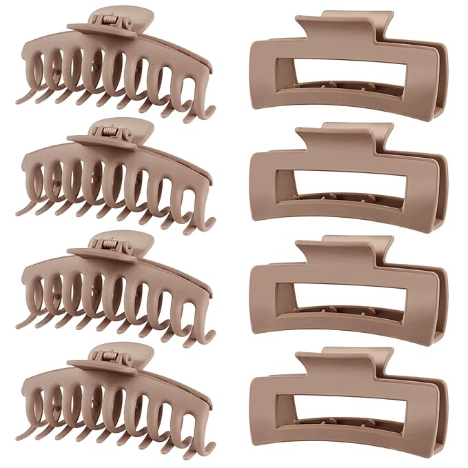 TOCESS Hair Claw Clips for Women - Large 8PK Neutral Matte Jumbo Square Hair Clips for Thick, Thin, Long, Short, Curly Hair Girls, Big Jaw Clip Set for Daily Use(Camel Khaki)