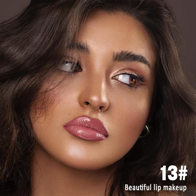 evpct Rose Mauve Nude Shiny Longwear No-Budge Liquid Lip Color Lipstick Makeup, Highly Pigmented Color Instant Shine, Waterproof Long Lasting Lipstick for Women, Lip Stain Gloss Lip Liner Brush, 13#