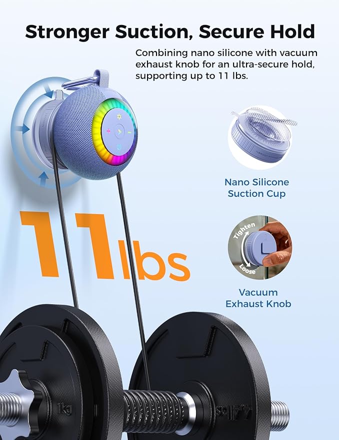 Shower Speaker Bluetooth Waterproof Portable: Birthday Christmas White Elephant Gifts Stocking Stuffers for Adults Teens, IPX7 Loud Sound with Suction Cup Removable, Cool Gadgets with Light-Blue