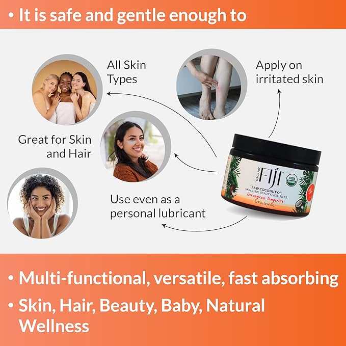 Organic Fiji Raw Cold Pressed Coconut Oil for Hair, Skin, Face & Body | Relaxing Massage Oil | Lemongrass Tangerine,12 oz for Women Men & Baby