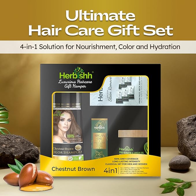 Herbishh Hair Color Shampoo for Gray Hair – Natural Hair Dye Shampoo – Lasts Up To 3-4 Weeks – 500ML – 3-In-1 Hair Color – Colors, Cleanses, and Conditions (Chestnut Brown Giftset)