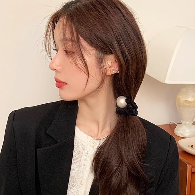 Silk Scrunchies Hair Ties 4Packs – Super Soft Thin Hair Scrunchies, Gentle on Hair, Faux Pearl Decorated Hair Accessories for Women