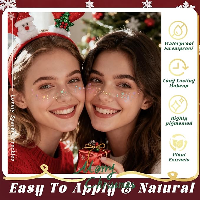 10pcs Christmas Face Glitter Freckles Tattoo, Holographic Body Glitter Faux Freckle Stickers for Women Girls, Sparkle Star Speckles Makeup Patches for Concert Festival Rave Cosplay Accessories