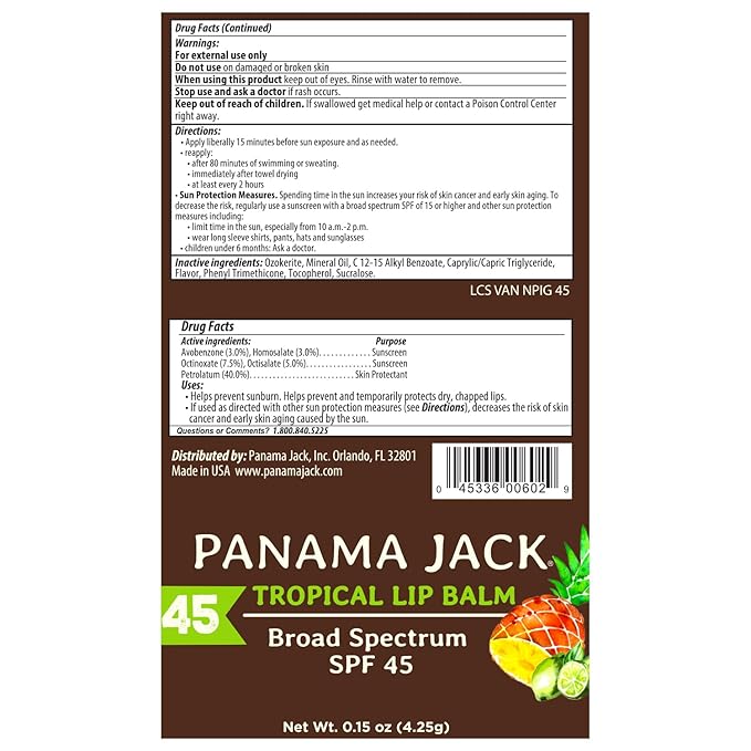 Panama Jack Sunscreen Lip Balm - SPF 45, Broad Spectrum UVA-UVB Sunscreen Protection, Prevents & Soothes Dry, Chapped Lips, Tropical, 12-pack