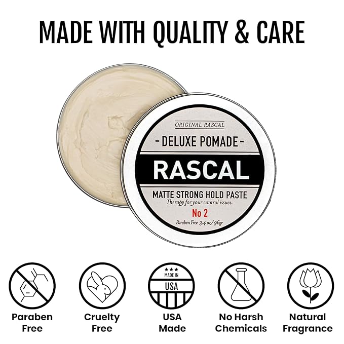 Original Rascal Deluxe Pomade for Men #2 - Matte Hair Paste with Strong Hold & Light Shine - Men's Styling Solutions Products for All Hair Types - Natural Infused with Beeswax & Lanolin Wax