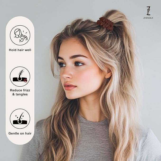 8Pcs Silk Scrunchies Hair Ties for Women & Girls, Mulberry Silk Scrunchies No-Damage Thin Satin Ponytail Holders for Hair Care(Clolor 05)