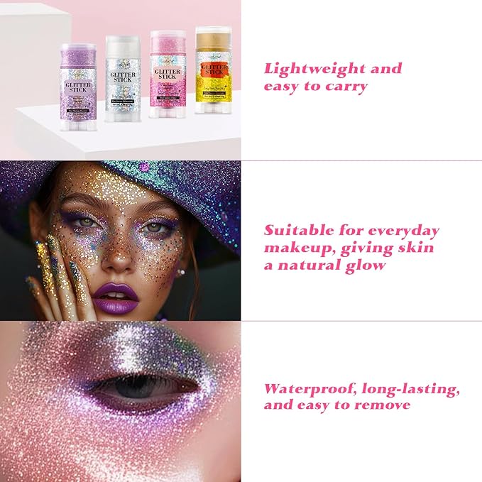 Body Glitter Stick, Purple Glitter Wax Stick for Hair and Body, Long-Lasting Sparkle - Safe & Sweatproof for Women Face/Body/Hair Glitter Makeup