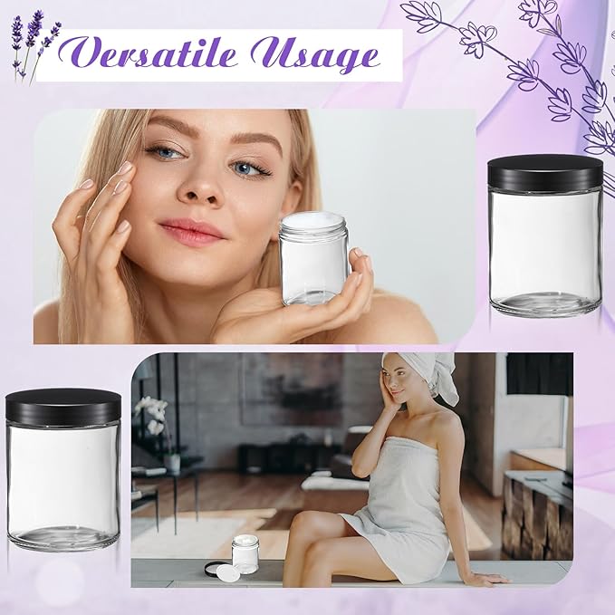 24 Pcs 8 oz Glass Jars with Lids, Clear Candle Jars with Black Lids Round Empty Candles Container Tins for Candle Making Storing Lotions Spice Powder Liquid Sample Makeup (Clear)