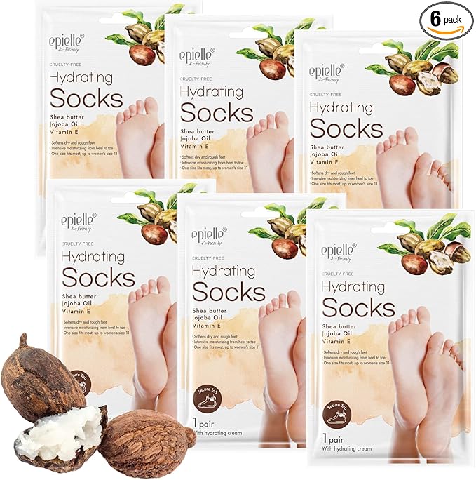 Epielle Hydrating Foot Mask 6 Pairs, Relieve and Soften with Shea Butter & Jojoba Oil, Deep Moisturizing Socks for Dry, Cracked Feet, Self Care Gifts for Women, Spa Kit, Stocking Stuffers