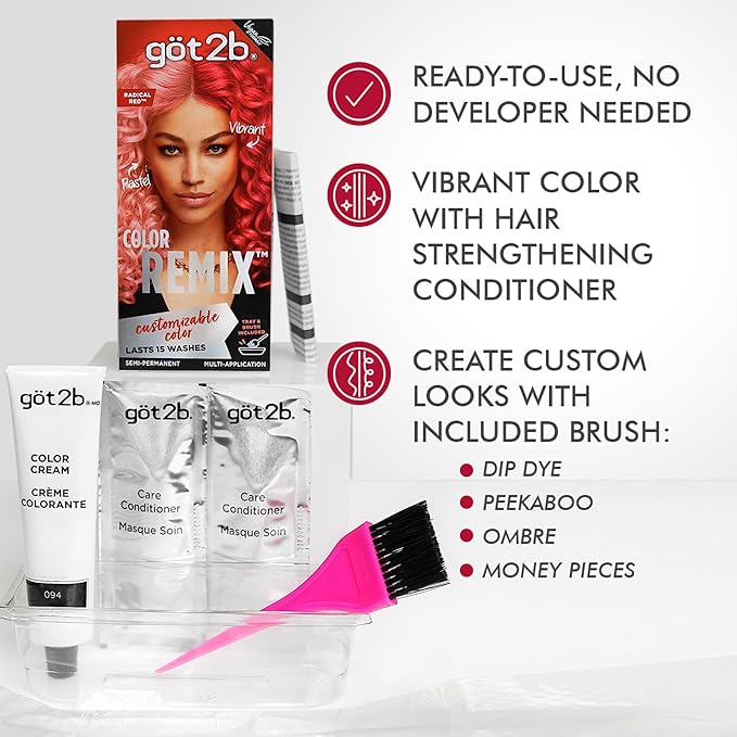 Got2b Color Remix, Customizable Semi-Permanent Hair Color, 092 Radical Red