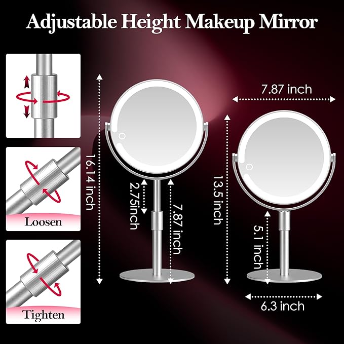 20X Magnifying Mirror with Light, Height Adjustable 2000mAh Makeup Mirror with Light, 3 Color Lights for Tabletop/Travel. Detachable Travel Makeup Mirror, Vanity Mirror for Bathroom, Silver