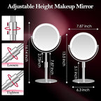 20X Magnifying Mirror with Light, Height Adjustable 2000mAh Makeup Mirror with Light, 3 Color Lights for Tabletop/Travel. Detachable Travel Makeup Mirror, Vanity Mirror for Bathroom, Silver
