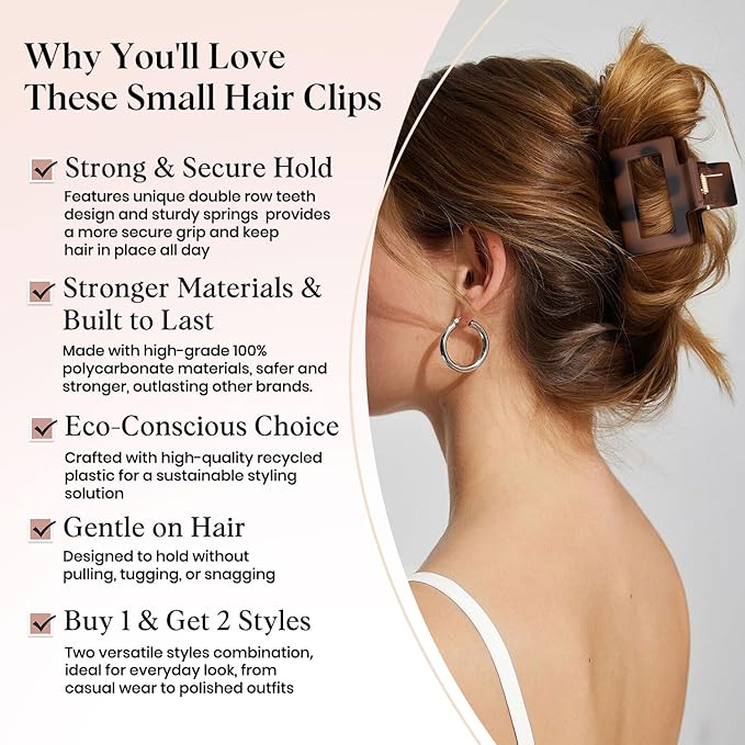 8 Pcs Medium Hair Clips for Women Girls - 2 Styles Rectangle and Double Row Teeth Small Claw Clips for Thin Thick Hair, Matte Non-slip Strong Hold Jaw Clips Hair Accessories, Tortoise & Black