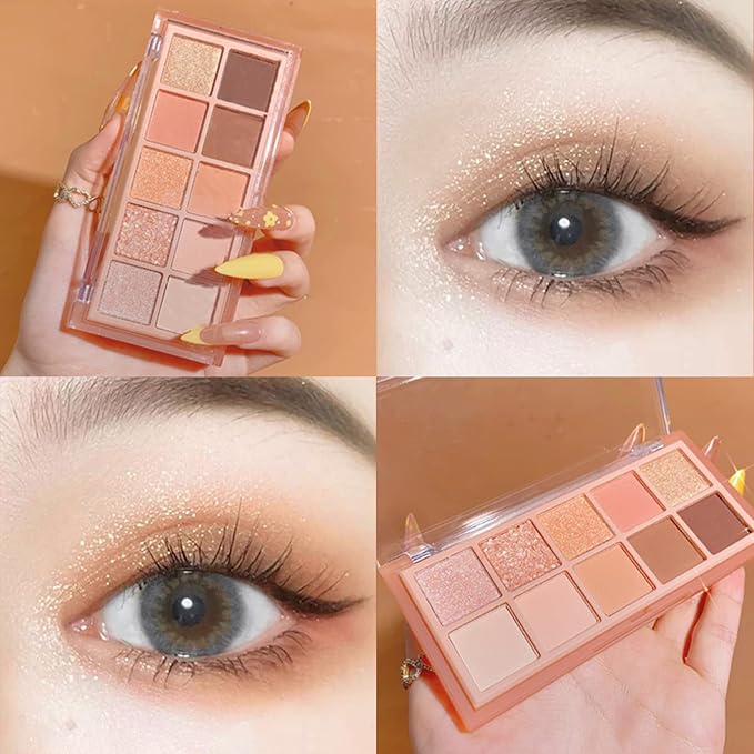 Erinde 10 Colors Eyeshadow Palette Makeup - Matte Shimmer Glitter Eye Shadow Korean Makeup, Ultra-Blendable, High Pigmented, Natural-Looking, Peach Brown Eyeshadow Pallet with Brush, Peach Color