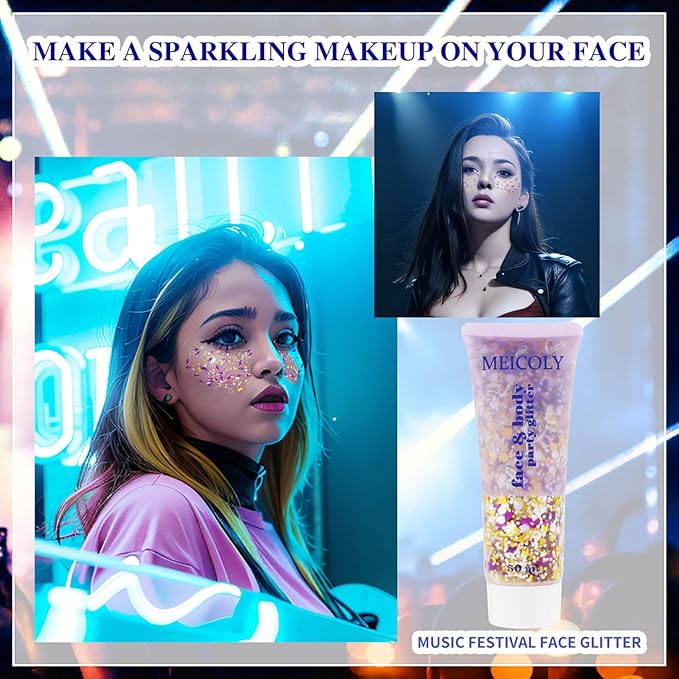 MEICOLY Face Glitter Makeup for Music Festival,Country Concert Outfits for Women,Gold Silver Purple Body Glitter,Halloween Party Accessories Glitter Face Paint,50ml