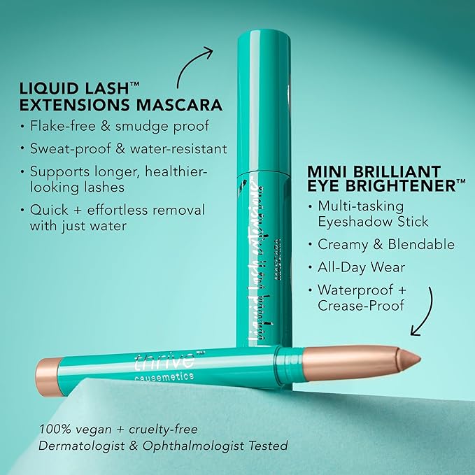 Thrive Causemetics Award-Winning Duo Kit, Makeup Gift Set for Women, Liquid Lash Extensions Mascara (Brynn - Rich Black), Mini Brilliant Eye Brightener Eyeshadow Highlighter Stick (Stella)