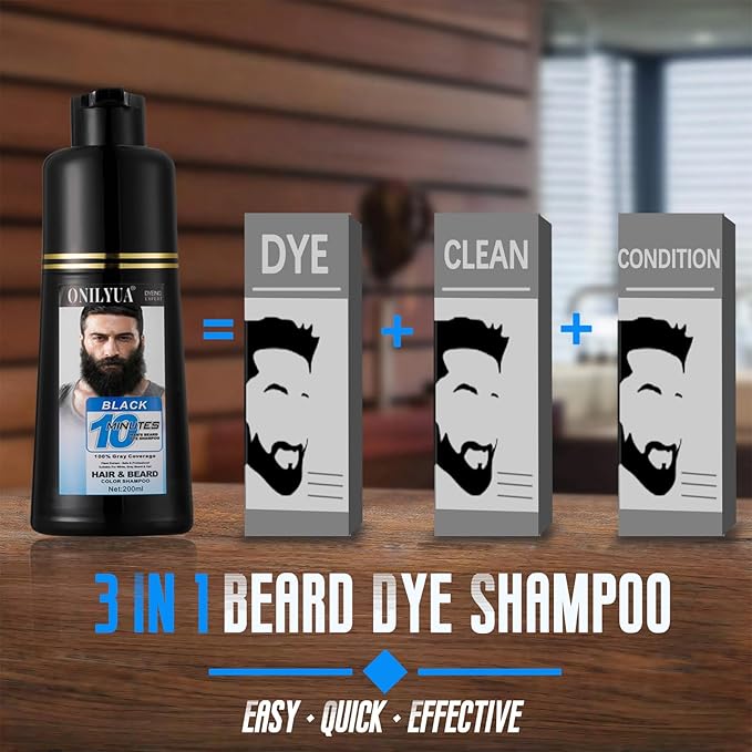 Mens Beard & Mustache Dye Shampoo, Instant 100% Grey Hair Coverage, 3 in 1 Black Beard Color Shampoo for Men Facial Hair, Easy to Use & Dermatologist Tested, 200ML