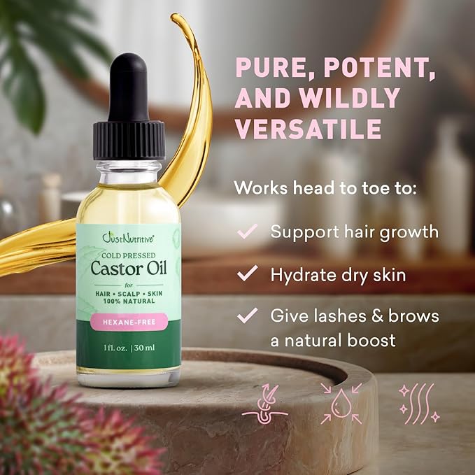 Cold-Pressed Castor Oil – 100% Pure & Hexane-Free | Hair Growth, Eyelashes & Eyebrows Serum | Deep Moisturizer for Skin & Face | Ideal for Castor Oil Packs & Scalp Treatment (1 FL. Oz.)