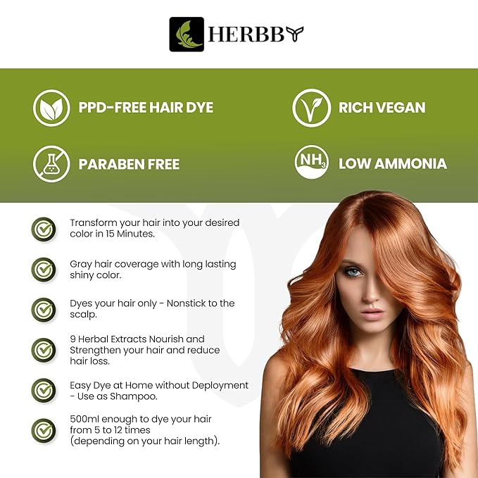 HERBBY Hair Color Shampoo for Gray Hair Coverage&Color Transform with 9 Herbal Extracts –Long Lasting(6-8 Weeks),Shiny,Evenly Colored,Instant Hair Dye Shampoo&Conditioner,500 Ml (GINGER CARAMEL COLOR)