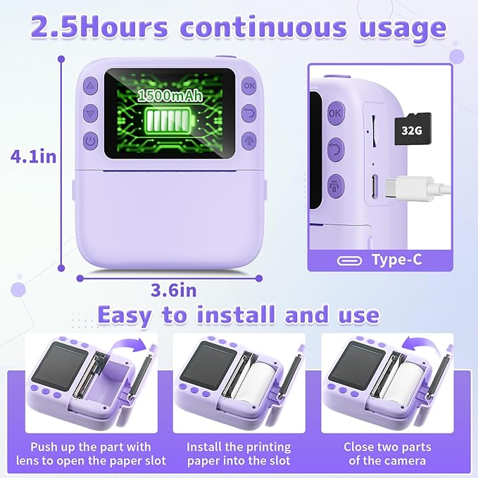 Instant Print Camera for Kids, Christmas Birthday Gifts for Girls Boys, 1080P Instant Digital Print Cameras for Toddler,Portable Toy for 4 5 6 7 8 9 10 Year Old Girl with 32GB SD Card，Purple