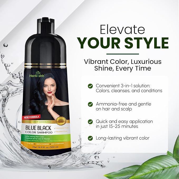 Herbishh Hair Color Shampoo - Magic Long-Lasting Hair Dye for Gray Hair Coloring in Minutes - 500 Ml - 3-In-1 Ammonia-Free Formula (Blue Black)