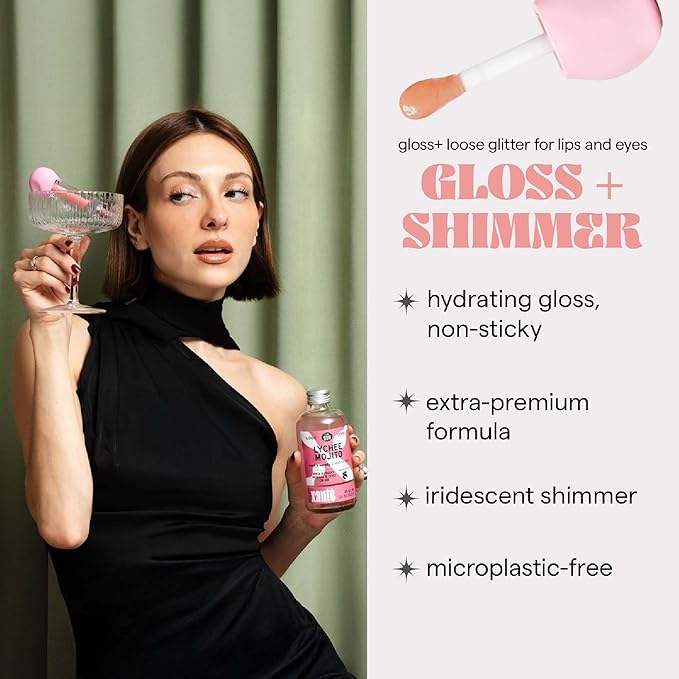 SARELLY, Lip Gloss + Shimmer, Peony Carajillo & Rose Quartz Flakes, Makeup, Vegan Lip Shine, Sarelly Creative Lab