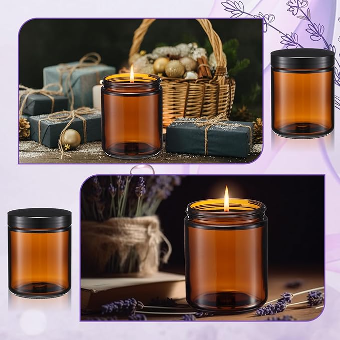 24 Pcs 8 oz Glass Jars with Lids, Clear Candle Jars with Black Lids Round Empty Candles Container Tins for Candle Making Storing Lotions Spice Powder Liquid Sample Makeup (Amber)