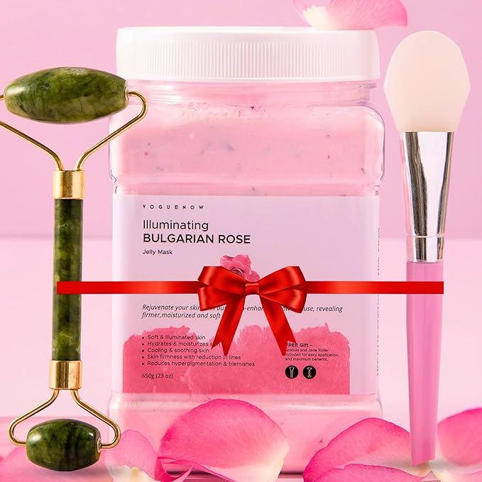 Jelly Face Mask for Facials - Bulgarian Rose Hydrating, Brightening & Nourishing Jelly Mask with Free Jade Roller & Spatula | Professional Hydrojelly Masks | Christmas Gifts for Women, Gifts for Women
