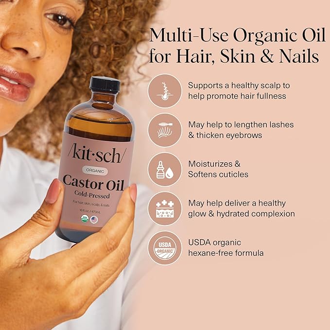 Kitsch Organic Castor Oil for Hair Growth - 100% Pure Castor Oil, Organic Cold Pressed Unrefined Glass Bottle for Face, Skin, Lashes, Brows, Scalp, Nails & Belly Button | Ideal Gifts for Women- 16 oz