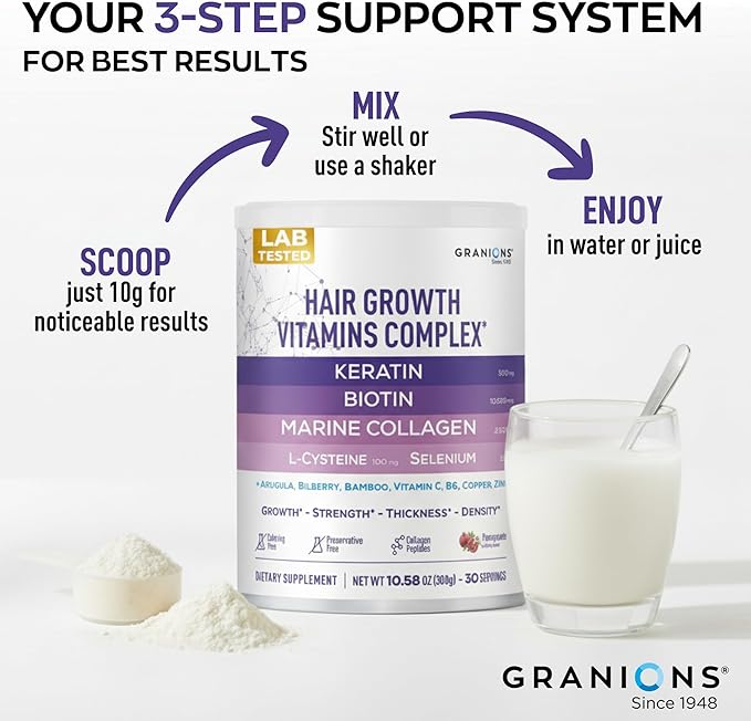 Granions Hair Supplements for Hair Growth Powder - Strength, Thickness, Density, Loss Support for Women and Men - Collagen Peptides, Biotin 10,000, Keratin, Aminos, B Vitamins, Zinc, Selenium - 10.5oz