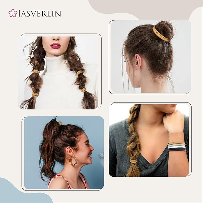 No Metal Hair Ties Brown Elastics Nylon for Women Girls Large Thick Fine Beauty Hair Ties Ponytail Holder Snag Free No Damage No Breakage 4mm 50 pcs JASVERLIN (Light Ash brown)
