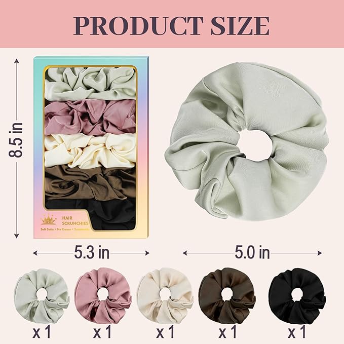 5Pcs Satin Scrunchies for Women, Softer Than Silk Scrunchies, Fashion No Crease Hair Ties for Thin Thick Hair,Soft Hair Bands No Damage for Girls, Ideal Gifts for Women (Set 5)