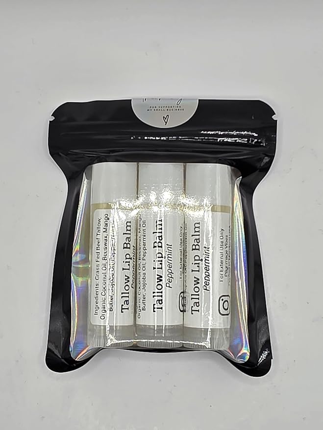 Tallow Lip Balm (3 Pack) (Peppermint) Handmade Natural Grass Fed Beef Tallow Lip Balm with Nourishing Oils