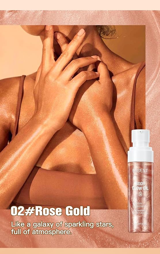 60ml Shimmer Body Oil – Illuminating Sunscreen SPF 30 Body Glow Oil with Radiant glitter, Lightweight Moisturizer for Highlighted Skin, Non-Greasy, Water-Resistant Summer Glow Enhancer (02# RoseGold)