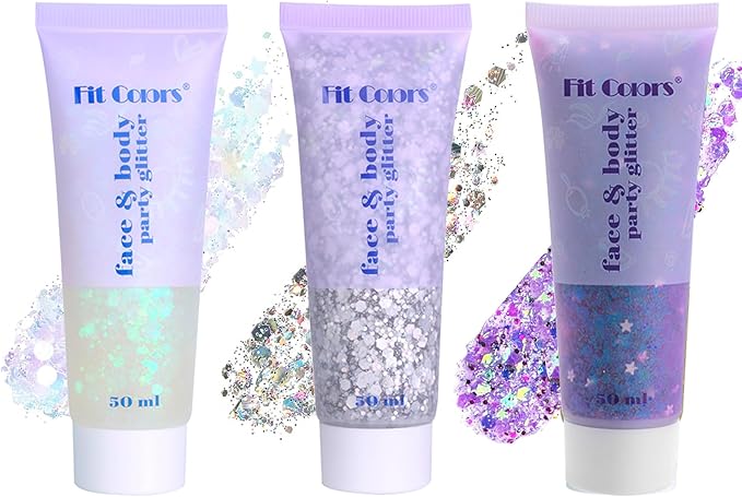 Face Body Glitter Set for Women and Kids, White Silver Purple Holographic Mermaid Sequins Chunky Glitter Makeup for Music Festival Rave Accessories, Christmas, Wedding, New Year, Prom