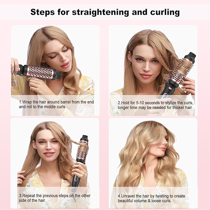 Thermal Brush Set 3-in-1 Curling Iron Brush Set, Dual Voltage 110-220V Thermal Hair Brush with 11 Temp Settings, 3 Interchangeable Travel Curling Irons (1.25“, 1.5”, & 1.75" Barrels) (Pink)