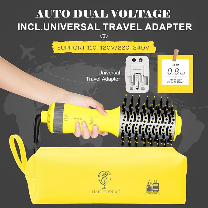 Auto Dual Voltage Hair Dryer Brush with European Travel Plug, Compact 2 Inch Oval Barrel One Step Hair Dryer & Styler Volumizer, Europe Travel Essentials for Women