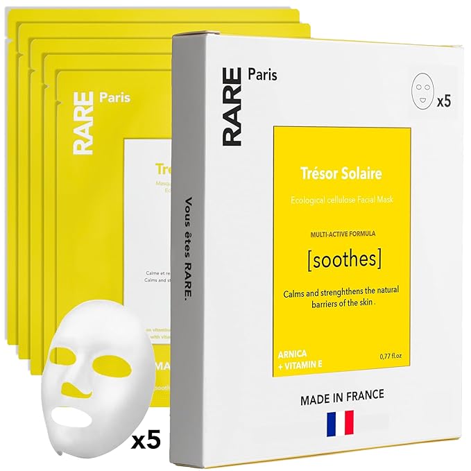 RARE Paris - Trésor Solaire - Soothing Facial Sheet Mask - Soothing & Strengthening - With Vitamin E & Arnica - Brightening, Firming & Revitalizing - Multi-Active Serum Formula - 5 Pack