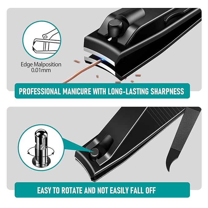 2PCS Nail Clippers Set, Heavy Duty Black Matte Stainless Steel nail Clipper with Nail File, Ultra Sharp Fingernail and Toenail Clipper Cutters,Clipper Tools for Men & Women