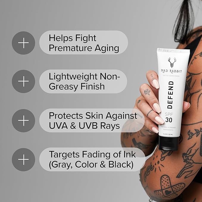 Defend Tattoo Sunscreen- SPF 30 100mL Tube- Mineral Sunscreen Lotion - Tattoo Fade Protection and Moisturizer, Anti-Aging Formula