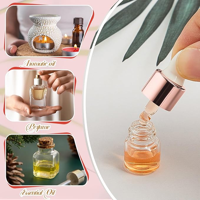 200 Pcs Mini Glass Oil Dropper Bottle Bulk, Clear Essential Small Empty Bottles Sample Containers Perfume Liquid Vials with Cap for Traveling (1 ml,Rose Gold)