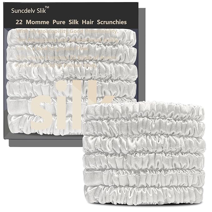 Suncdelv Silk,100% Silk Scrunchies for Hair,22 Momme Hair Ties for Anti-Crease & Breakage,Natural Women Hair Accessories，Fashion Hairbands 6PCS（White）