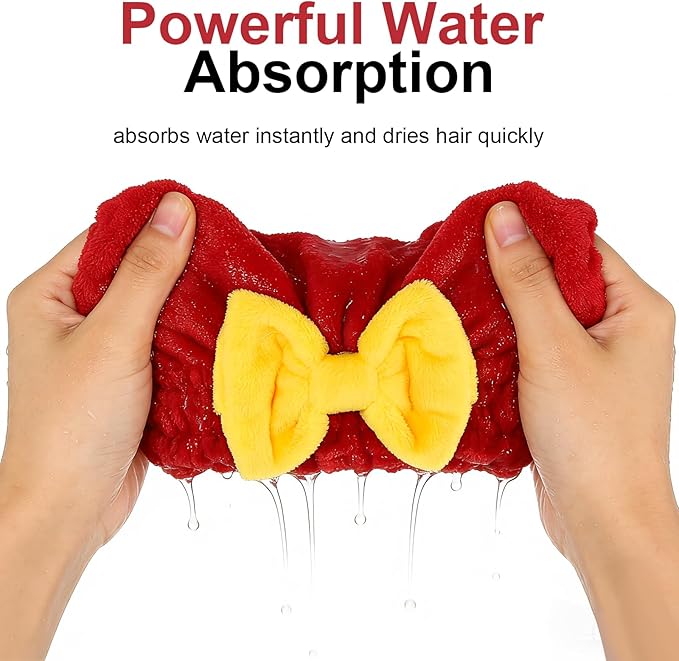 2 Pack Super Absorbent Hair Towel Wrap for Wet Hair, Super Absorbent & Quick-Drying, Thickened Soft Bow Tie Towels for Wet Hair (Red & Pink)