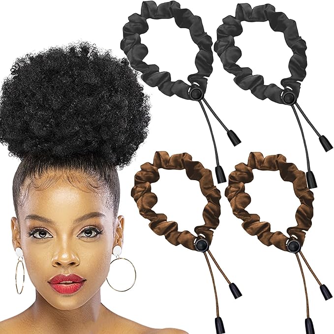 4 pcs Afro Puff Hair Tie Satin Hair Scrunchies, Black and Brown Adjustable Hair Ties, Adjustable Hair Ties for Thick Hair, Long Style No Slip Headband Afro Puff Hair Tie, Easy Use Hair Accessories