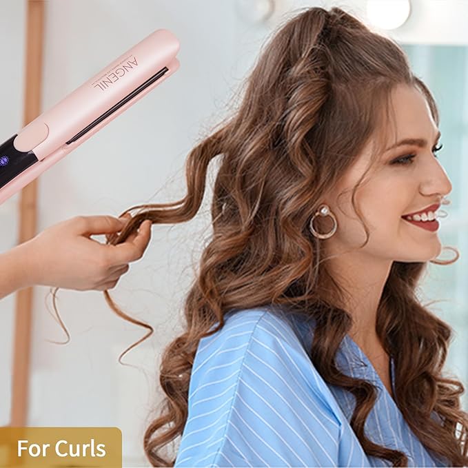 ANGENIL Pro Round Pink Dual Voltage Hair Straightener Irons, Titanium Flat Iron Hair Straightener and Curler 2 in 1 with Heat Resistant Silicone Mat, Smoothness, Large LCD Display, 20S Fast Heat Up