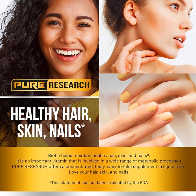 PURE RESEARCH Biotin & Collagen 60,000mcg Hair Growth Liquid Drops, Supports: Strong Nails, Glowing Skin, Healthy Hair Growth, More Absorption Than Capsules & Pills (4Fl Oz)
